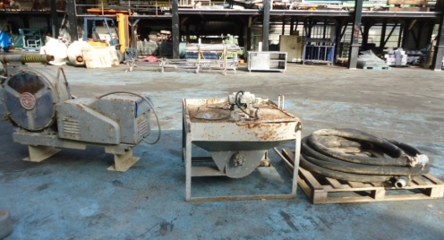 油谷 №6234 モルタルポンプ 岡三機工 コンクリートポンプ モルタル搬送 圧送 生コン打設 土間コン 左官 中古 ホッパー ホース 三相200V