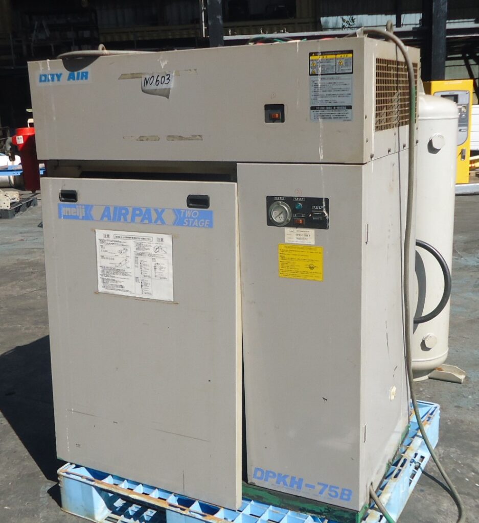 油谷 №603 パッケージ エアーコンプレッサー 防音型 明治 DPKH-75B 圧縮機 10馬力 中古 スクリュー 160エアータンク 7.5KW 動作良好 中古
