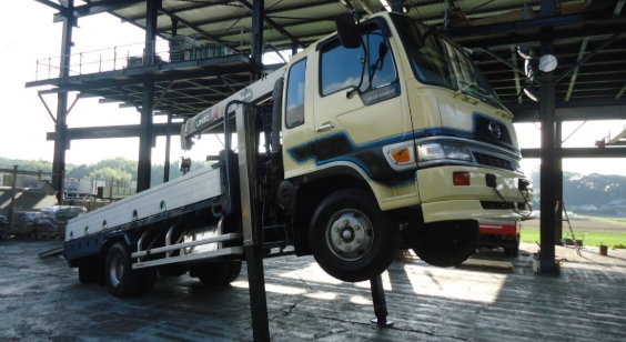 油谷 №2087 レトロ 日野レンジャー アルミアオリ ハイジャッキ ロングジャッキ 積載車 ユニック クレーン 荷台鉄板張り JO8C セルフ 4t車